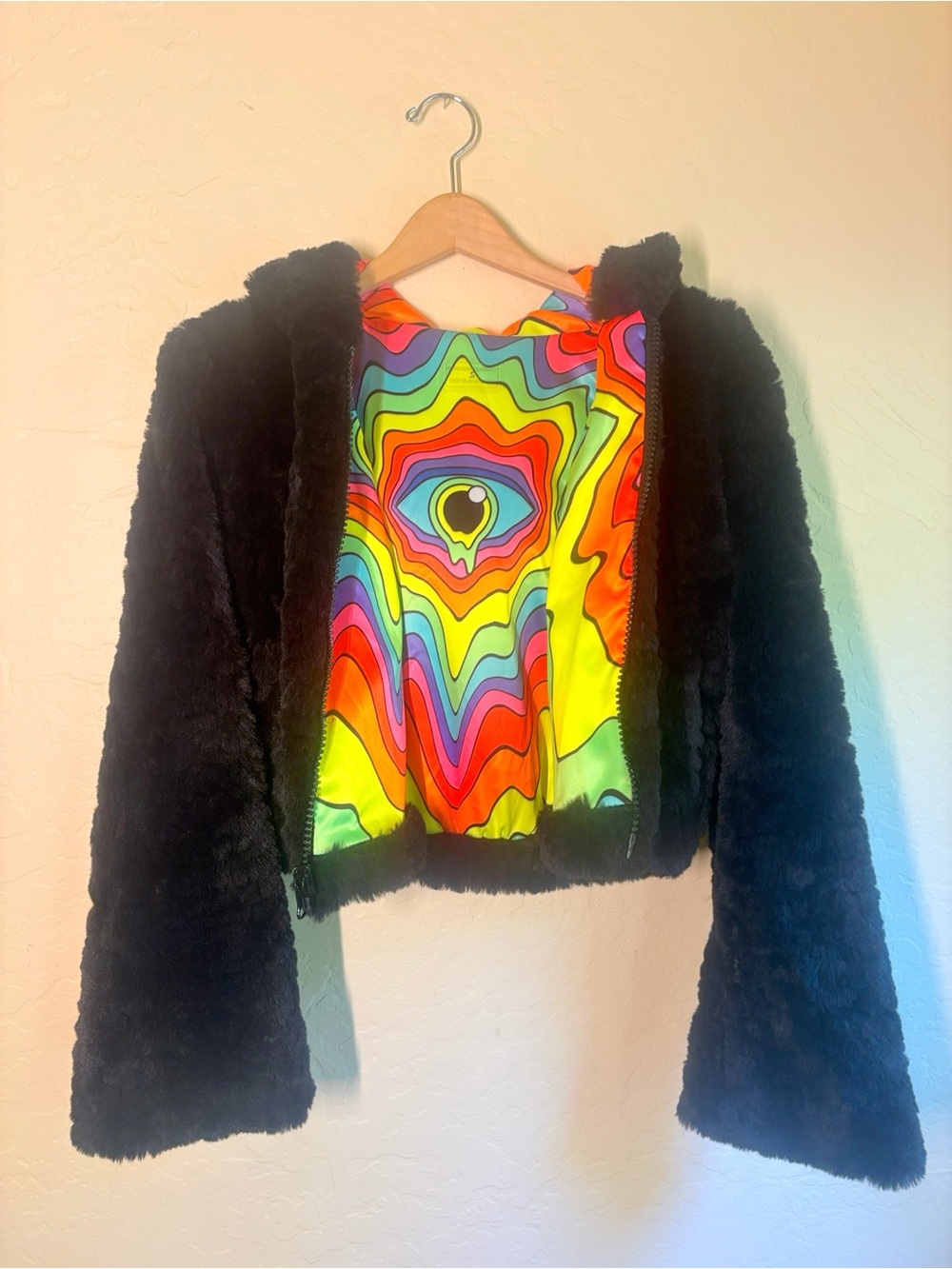 Liquid Dreams Art Reversible Faux Fur Jacket Psychedelic Eye Festival